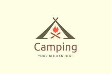 Simple camping logo with tent shape and fire