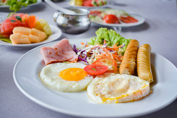 Breakfast is on the table in the hotel.