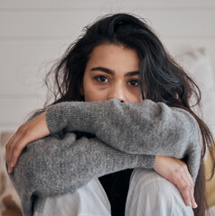 Face portrait, sad and woman with depression in home feeling lonely and unhappy. Anxiety, mental...