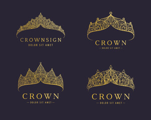Set of abstract luxury, royal golden company logo icon vector design. Elegant crown, tiara, diadem premium symbols. Hand drawn lace jewelry, arabic, restaurant, hotel logotypes © marylia17