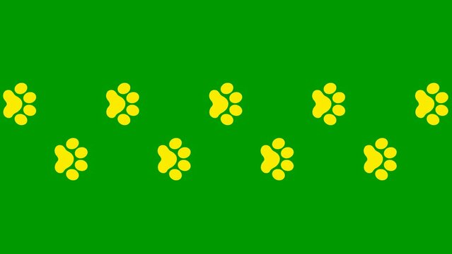 Animated cat yellow tracks. A cat's paw print appears take turns. Looped video. Vector flat illustration isolated on the green background.
