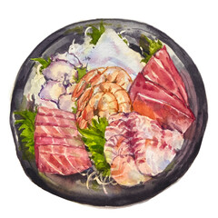 Watercolor Japanese Sashimi Raw fish, Prawn, Tuna, Squid Hand drawn Illustration Isolated On White.