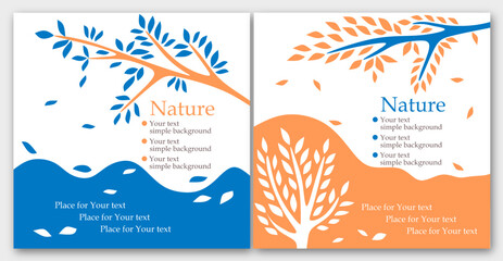Vector illustration. Simple background, nature design, tree, bush in orange and blue colors. Packaging design, eco style, organic products