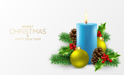 Vector illustration of Christmas and New Years. Christmas composition with candle, branches of a christmas tree, holly, christmas balls
