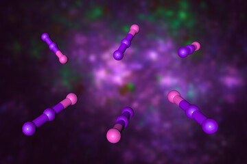 Nitrous oxide is a chemical compound with the formula N2O, known as laughing gas, nitrous or nos. Molecular model of purple background. Scientific background. 3d illustration