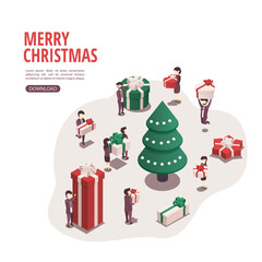 Isometric vector illustration for christmas and new year. Celebration concept. People prepare for the holiday, prepare gifts.
