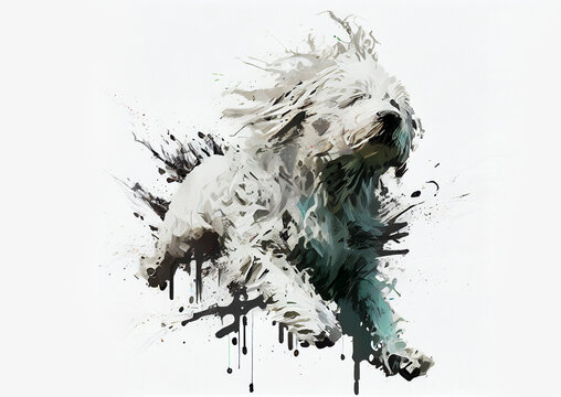laufender oder springender Hund mit langem weißen Fell vor weißem Hintergrund