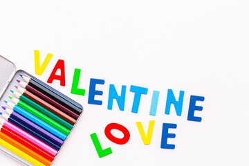 Wood Alphabet letters love valentine on white background. colorful letters toys. english font jigsaw. valentine greeting card copy space for add text message.