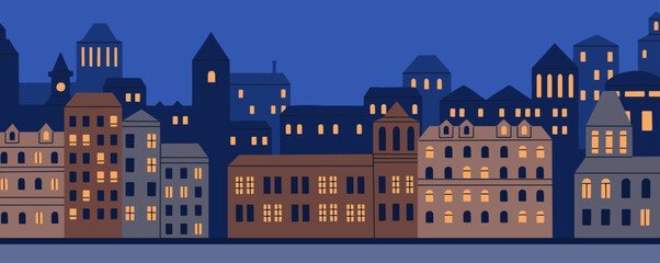 Night old town, street panorama. Houses, building with lights in windows in evening city, panoramic view. Urban landscape at dusk, cozy Europe cityscape, scene at nighttime. Flat vector illustration - obrazy, fototapety, plakaty