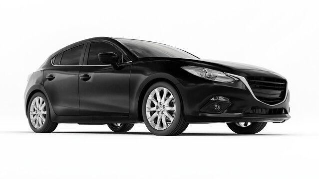 Tokyo. Japan. August 13, 2021. Mazda 3. Black city car with blank surface for your creative design. 3D rendering.