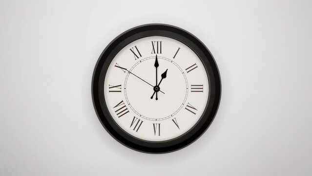 The Time On The Clock One. White Wall Clock With Black Rim And Black Hands. 4k, ProRes