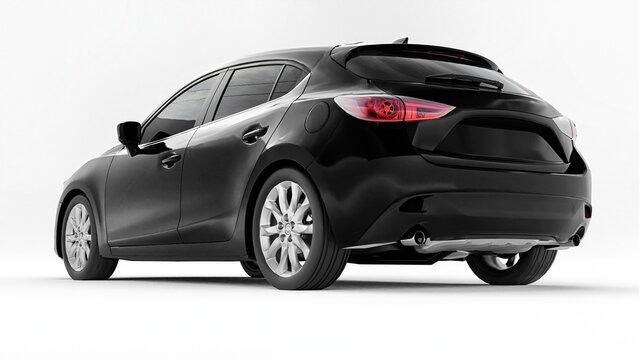 Tokyo. Japan. August 13, 2021. Mazda 3. Black city car with blank surface for your creative design. 3D rendering.