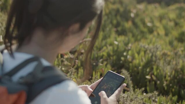 Closeup of girl with backpack taking photo of unusual flower while wind playing with her hair. Young woman hiking and exploring nature. Back view. Nature, modern technology, travel concept.
