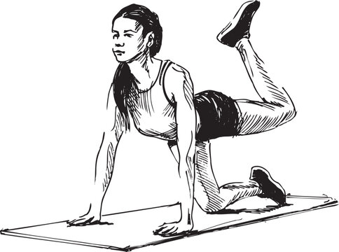 Hand drawn sketch of an exercising woman. Vector illustration.