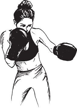 Hand drawn sketch of boxing woman. Vector illustration.