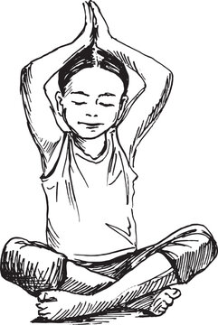 Hand drawn sketch of a child practicing yoga. Vector illustration.