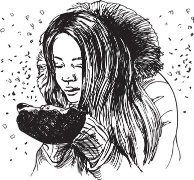 Hand sketch of a woman with snow on her hands. Vector illustration.