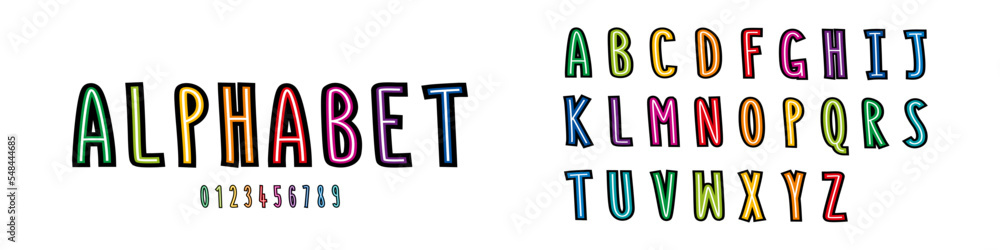 Poster font alphabet. template font alphabet. alphabet and numbers of one to nine. font in modern colorful 