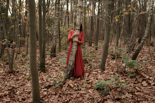 fine art portrait of woman in red dress hiding behind tree in the woods