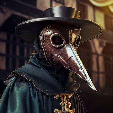 Dark steampunk fantasy: plague doctor mask at Venice Carnival, blurred background made with generative AI