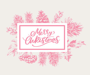 Merry Christmas and Happy New Year Abstract Botanical Card with Square Frame Banner and Modern Typography. Green and Pink Pastel Colors Greeting Layout. Isolated.
