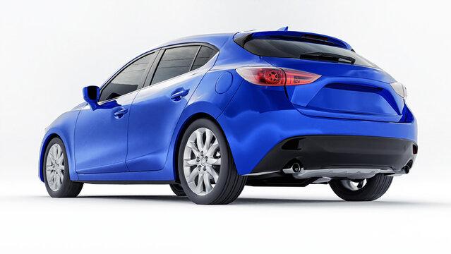 Tokyo. Japan. August 13, 2021. Mazda 3. Blue city car with blank surface for your creative design. 3D rendering.