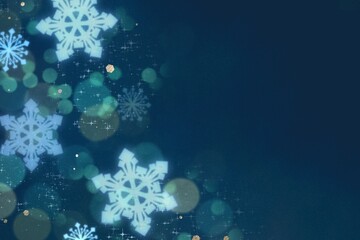 冬の抽象テンプレート）深緑の背景にボケライトの雪の結晶とグリッター。寒いクリスマスのコンセプト