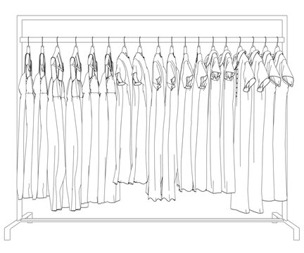 Outline Of Dresses Hanging On Hangers From Black Lines Isolated On White Background. Side View. 3D. Vector Illustration.