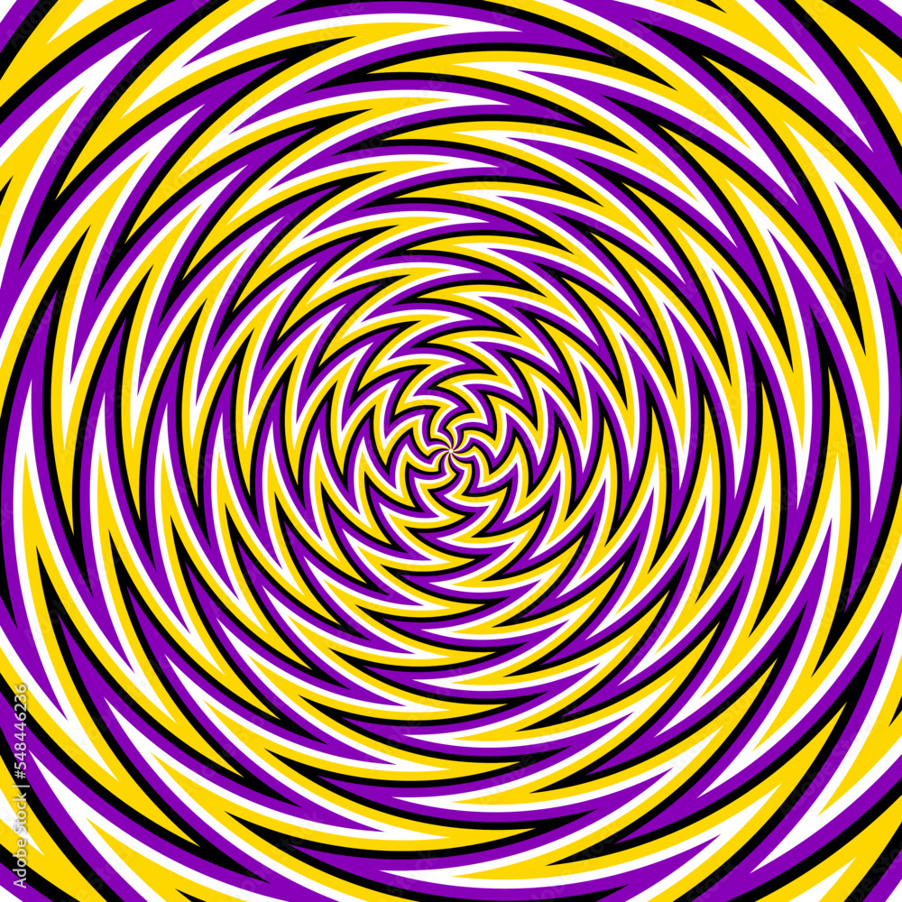 Poster optical motion illusion vector background. colored zigzag striped pattern move around the center.