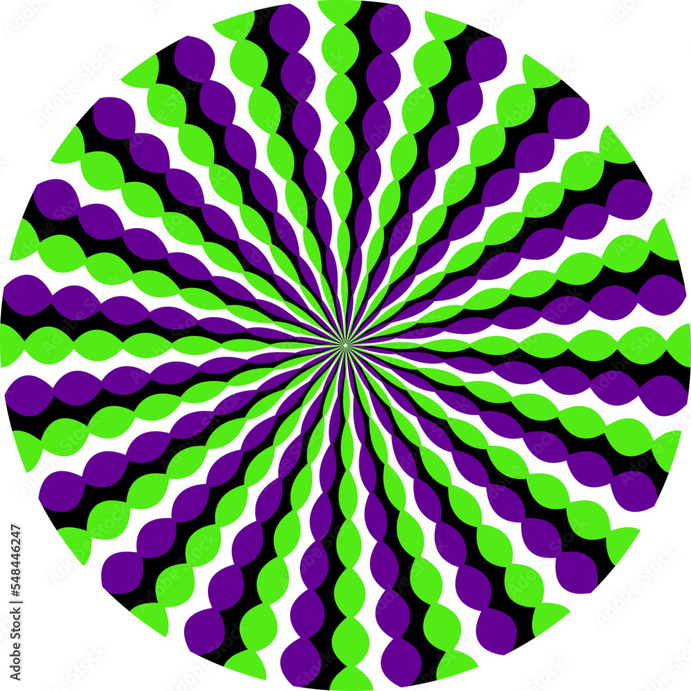 Poster optical illusion circle of moving colored striped pattern. circular template for motion background d