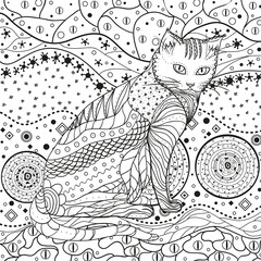 Fototapeta premium Abstract asian pattern with cat on isolated white. Zentangle. Hand drawn abstract patterns on isolation background. Design for spiritual relaxation for adults. Black and white illustration
