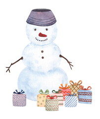 Watercolor cute cartoon style snowman with a bucket on his head and gift boxes. Childish hand-drawn illustration isolated on the white background. Christmas illustration for greeting card design.