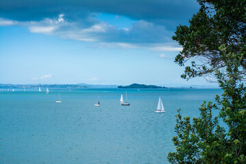 Fototapeta na wymiar Small sailing boats scattered over calm waters of Auckland Harbour on a beautiful winter day. North Island, New Zealand