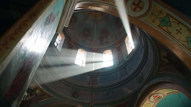  Interior dome painting of the walls of the Orthodox Christian church in Ukraine. Church Book Holy Gospel