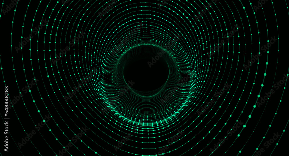 Poster Abstract dynamic wireframe tunnel on green background. Deep wave wormhole. Futuristic particle flow. Vector illustration.