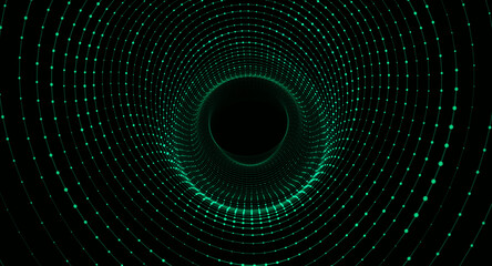 Abstract dynamic wireframe tunnel on green background. Deep wave wormhole. Futuristic particle flow. Vector illustration.