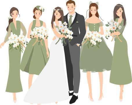 beautiful bride and groom wedding couple with bridesmaid in green theme gown cartoon flat sytle