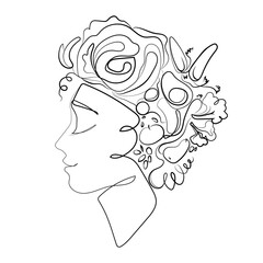 Vegetarian or vegan diet abstract concept.Woman face with fresh vegetables and fruits on head simple line sketch drawing vector.Fresh organic food logo,icon,emblem design template.Healthy Lifestyle