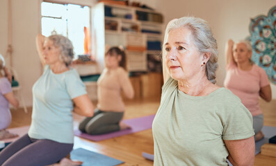 Fitness, yoga and senior women stretching and training body, breathing and mindfulness together in a studio. Wellness, meditation and zen elderly people exercise in retirement with a cow face pose