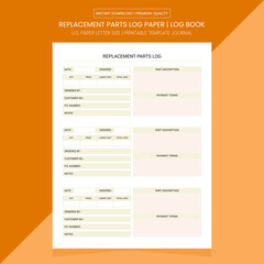 Replacement Parts Log Book | Replacement Parts Notebook Printable Template | Diary Journal