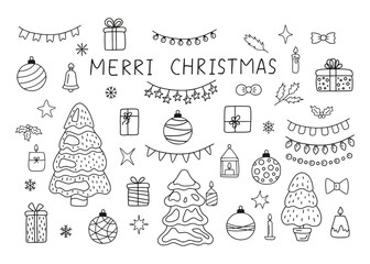 Christmas elements pine tree, garland, gift, ribbon, star set, doodle line style. Sketch design decoration. Vector illustration