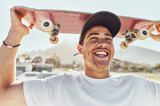 Skateboard, man and smile for happiness, outdoor and confident for holiday, relax and happy. Skater, young male and wellness enjoy casual day, being edgy and trendy with break, cool and on weekend.