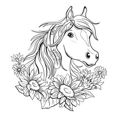 Horse with sunflowers Coloring Page Isolated outline for coloring book. Line art. White and black