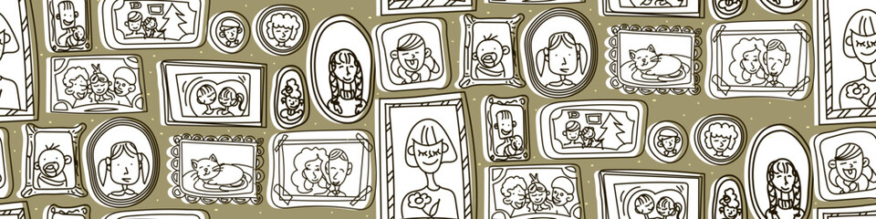 Background with paintings on the wall in doodle style. Frames of family photos hang on the wall. A seamless pattern in a vector. Suitable for printing on textiles and paper. The idea for the interior.