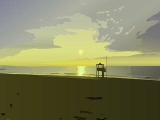Illustrazione di arte digitale generata dall'intelligenza artificiale di alba sulla spiaggia con torretta