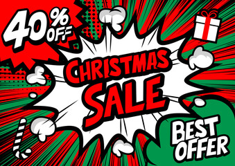 Obraz premium 40%off Christmas sale typography pop art background, an explosion in comic book style.