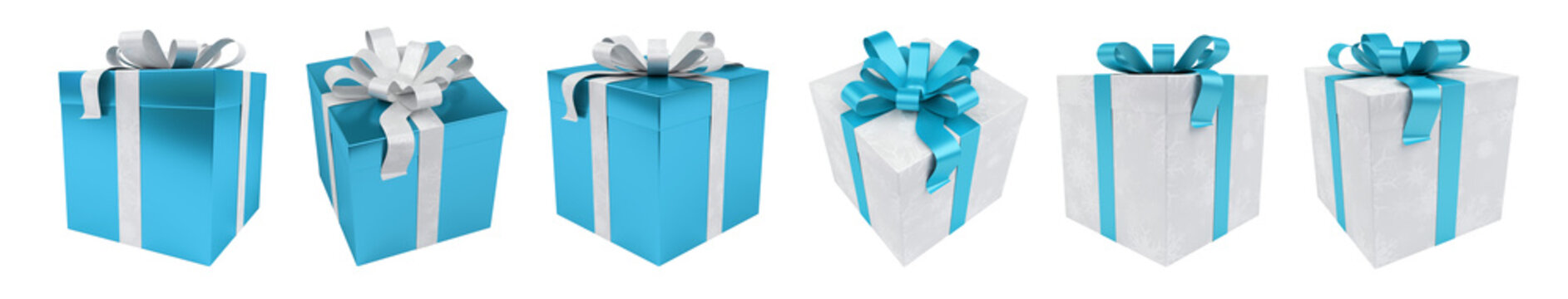 Blue christmas gift collection isolated on transparent background. 3D rendering present set with bow for Xmas