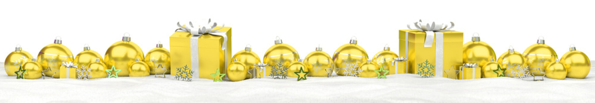 Isolated glossy christmas decoration lined up on white. 3D rendering yellow shiny baubles ornaments. Gifts with bows and glossy golden stars. Merry Xmas cut out background