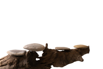Stone product display podium on old log minimal style, Isolated on white background 