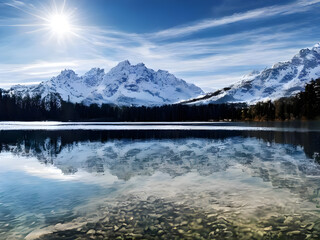 Winter landscape with mountains and water in the foreground